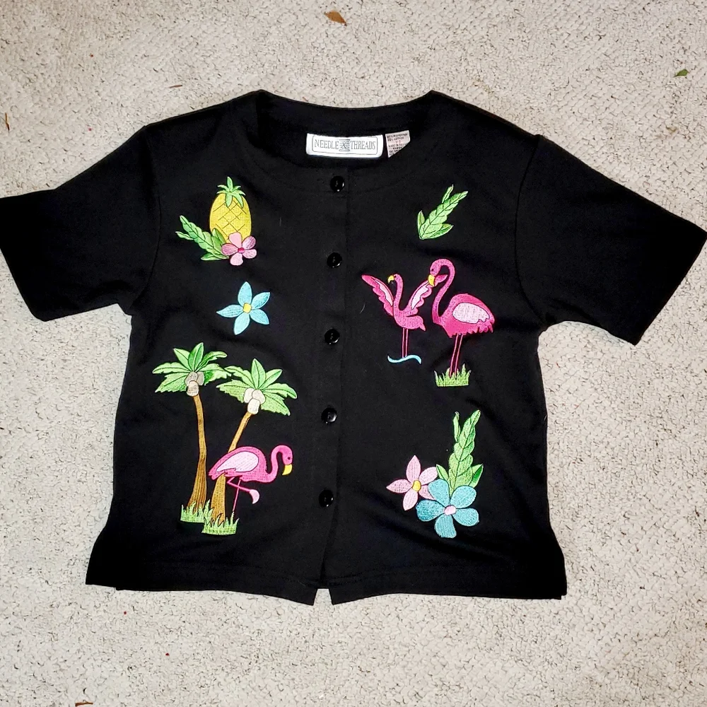 Needle & Thread Petite Small Flamingo Tropical Embroidered Button Top